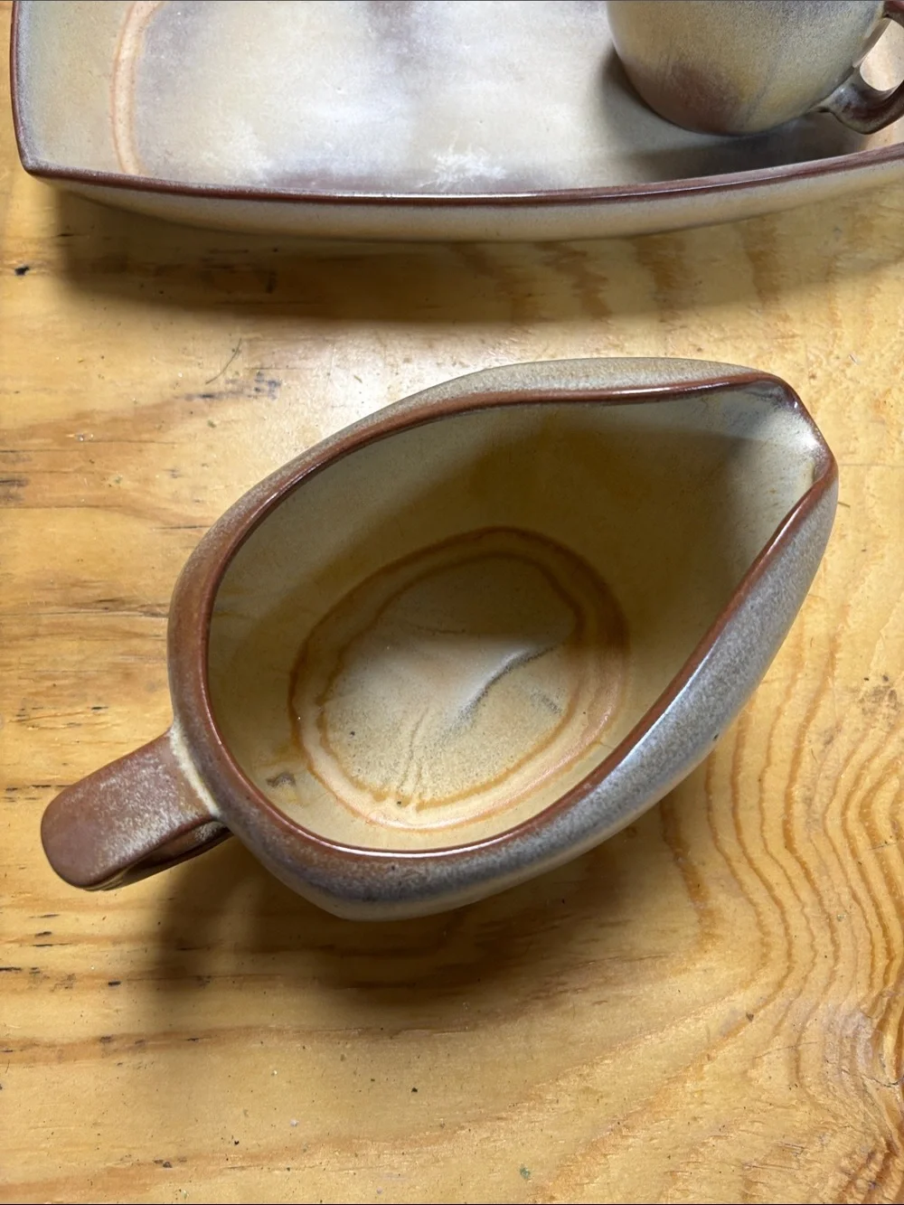 Frankoma tan and brown ceramic gravy set with platter